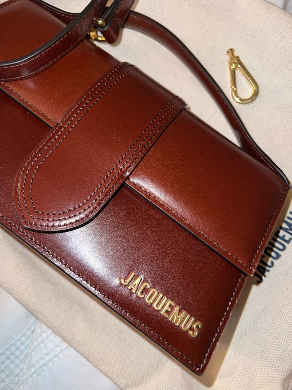 Jacquemus Chestnut Brown Leather Crossbody with Gold Logo